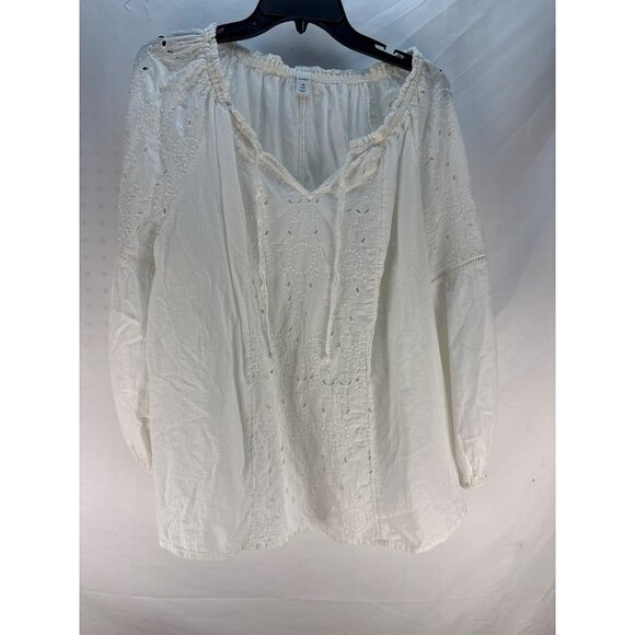 Old Navy White Eyelet Peasant Top 2X Plus Smocked Ruched Boho Cotton Blouse - Picture 1 of 8